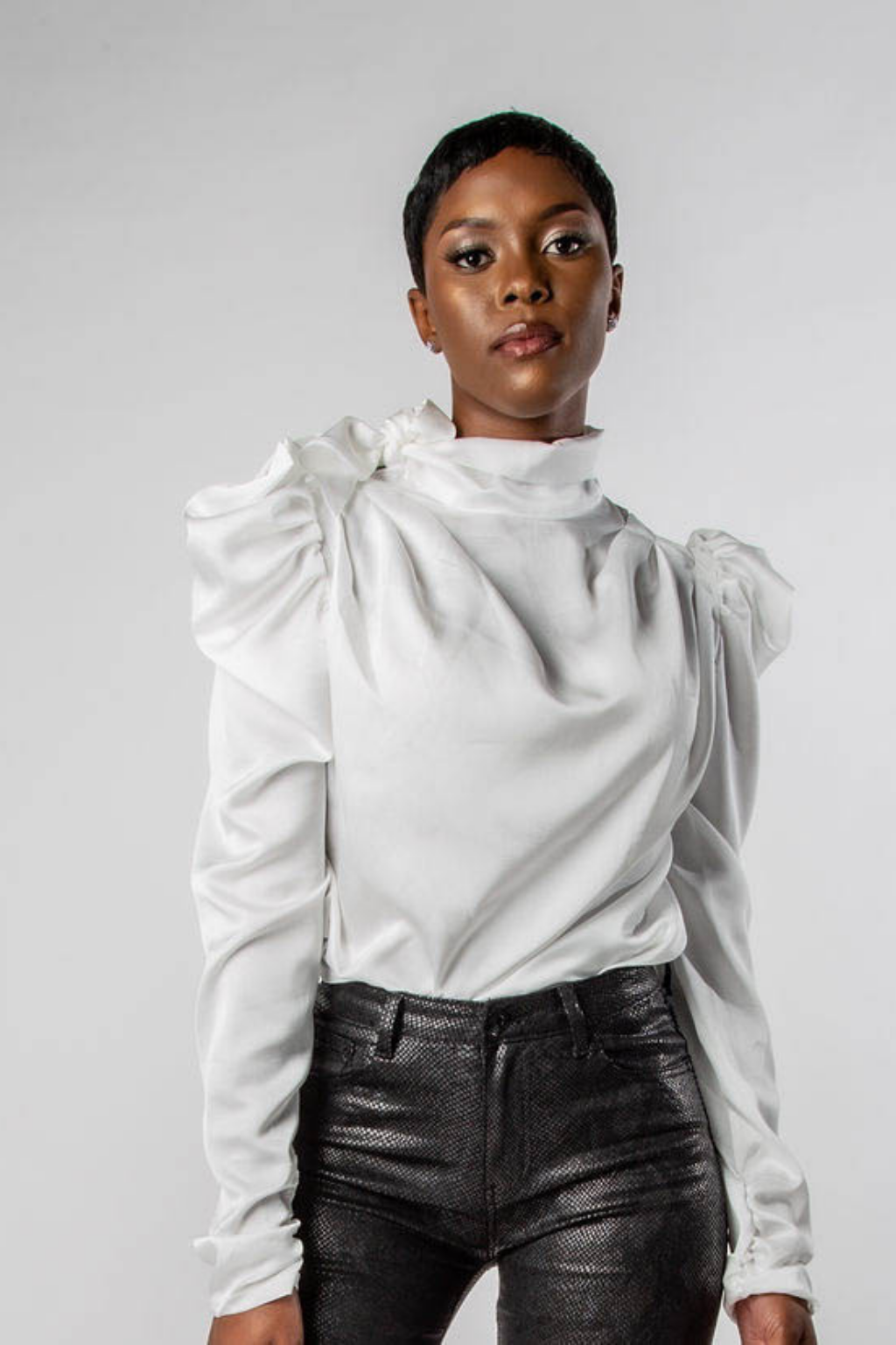 Satin balloon sleeve top sales