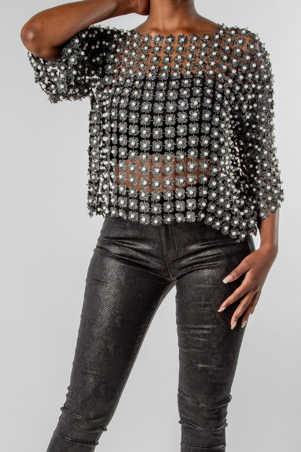 PEARL EMBELLISHED SHEER METALLIC TOP MISCHUN