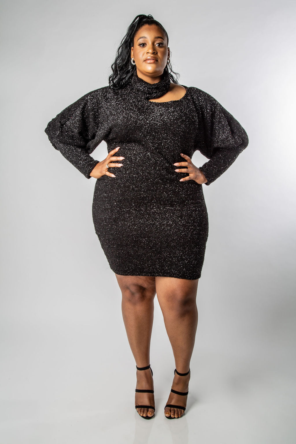PLUS SIZE LONG SLEEVE BLACK LUREX OPEN SHOULDER DRESS MISCHUN PLUS SIZE LONG SLEEVE BLACK LUREX OPEN SHOULDER DRESS MISCHUN