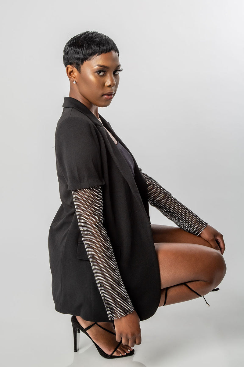 SIDE VIEW OF BLACK COLLARED BLAZER WITH CRYSTAL MESH SLEEVES-MISCHUN