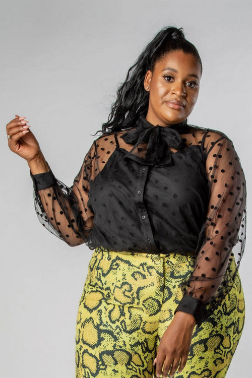 BLACK POLKA DOT MESH BLOUSE-MISCHUN