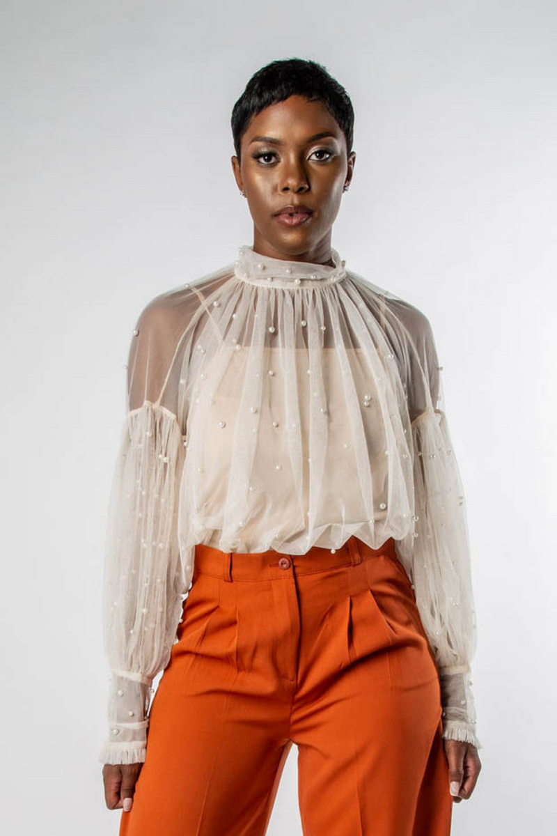 HIGH-NECK PEARL BEADED SHEER TULLE BLOUSE