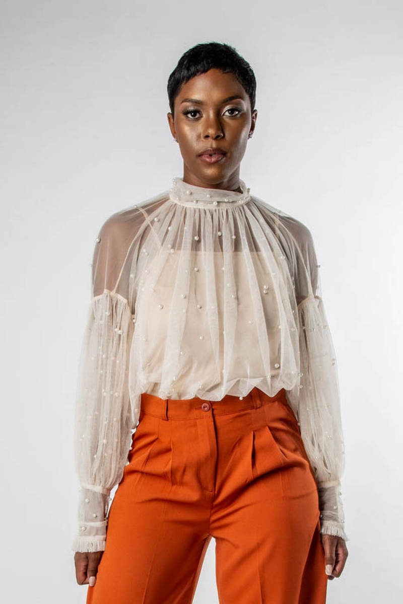 HIGH-NECK PEARL BEADED SHEER TULLE BLOUSE – MISCHUN