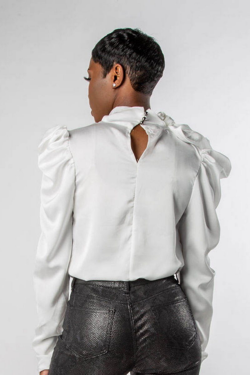HIGH NECK TIE SATIN BALLOON SLEEVE BLOUSE