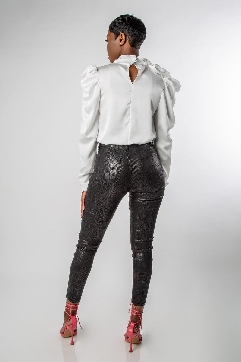 MID-RISE SKINNY FIT BLACK SNAKESKIN PANTS-MISCHUN