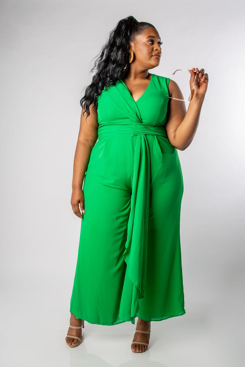 NEON GREEN PLUNGE SLEEVELESS WIDE-LEG JUMPSUIT MISCHUN NEON GREEN PLUNGE SLEEVELESS WIDE-LEG JUMPSUIT MISCHUN