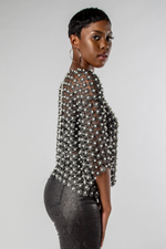 Nita Pearl Embellished Mesh Top Black / L