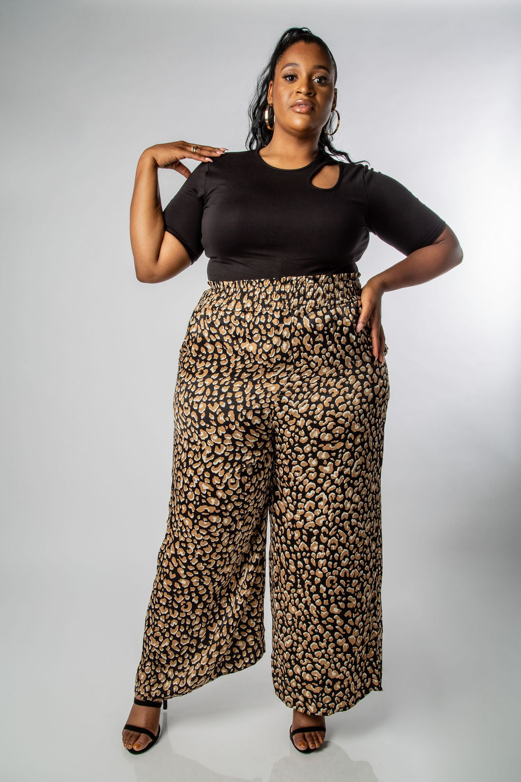 PLUS SIZE LEOPARD PRINT SATIN WIDE-LEG PANTS