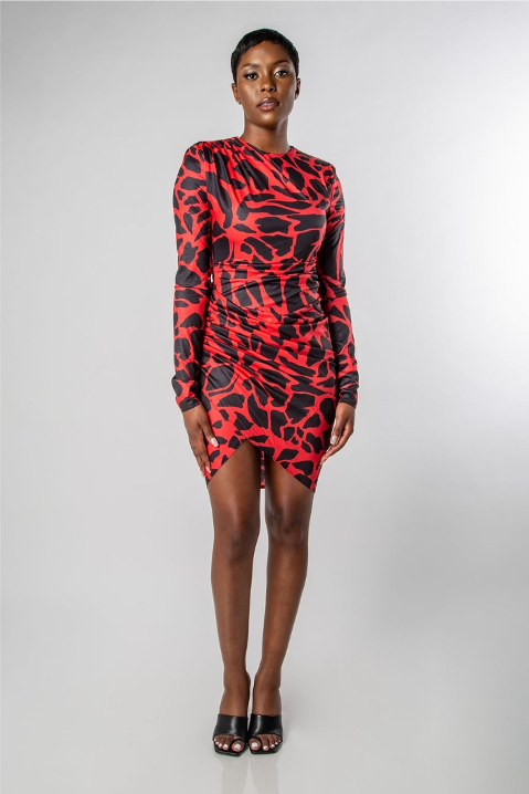 WOMEN'S SLIM FIT LEOPARD PRINT MINI DRESS- RED MISCHUN WOMEN'S SLIM FIT LEOPARD PRINT MINI DRESS- RED MISCHUN