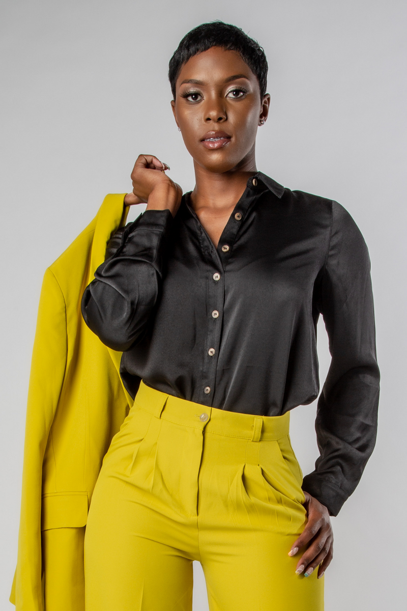 SOLID SATIN BUTTON DOWN BLOUSE-MISCHUN
